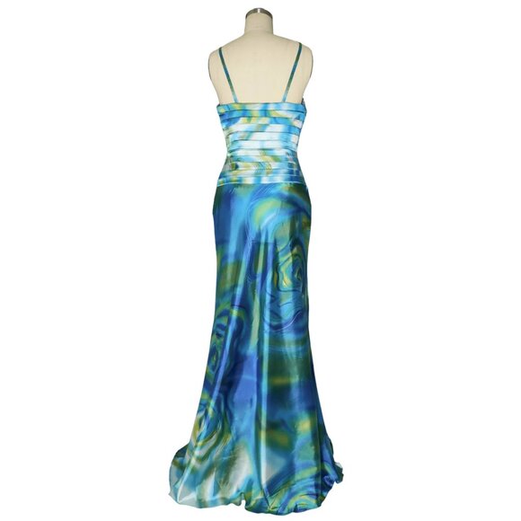 Vtg Abstract Aqua Swirl Print Satin Ruched Bodice Beaded Cocktail Dress - Picture 2 of 5